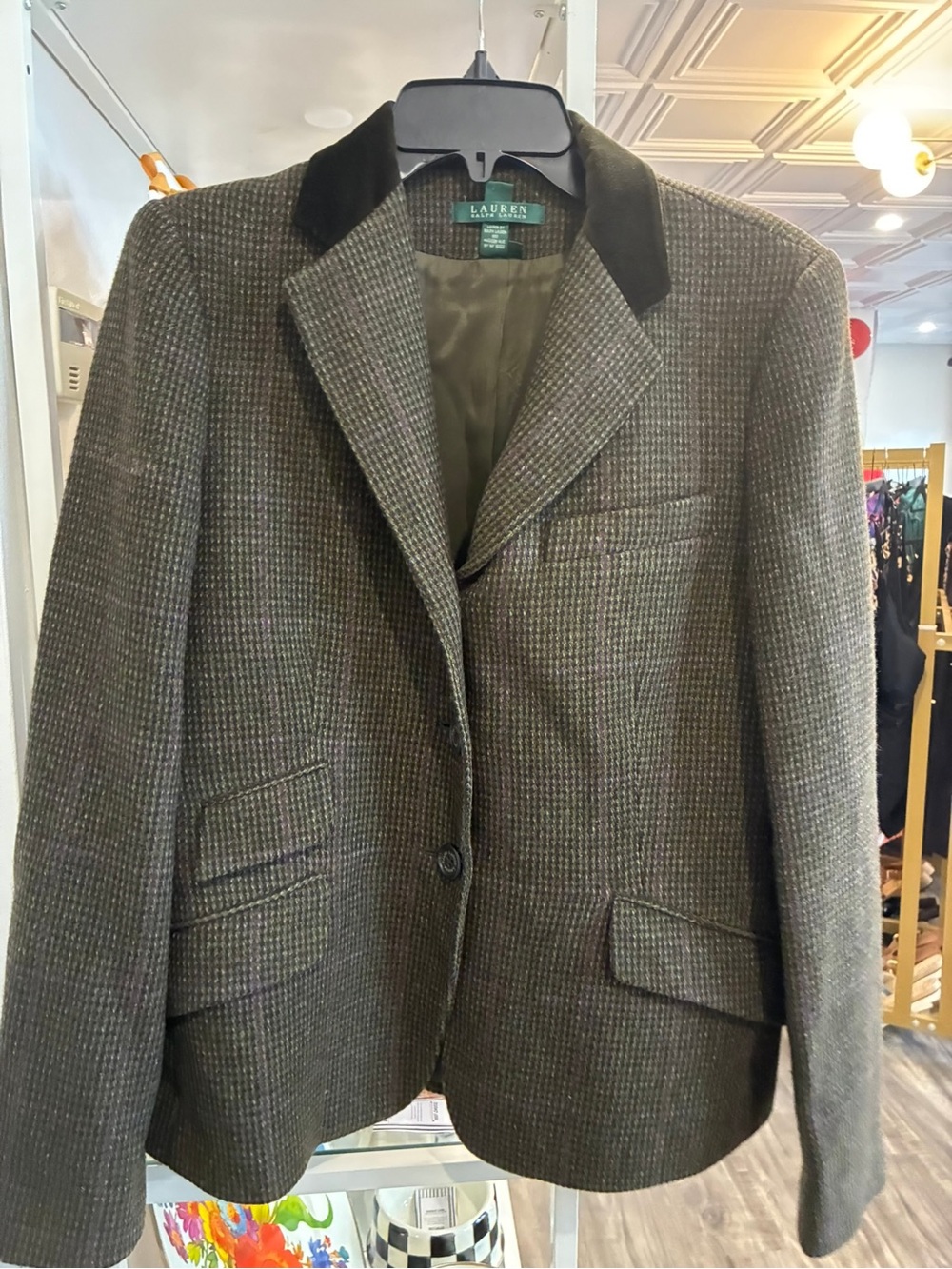 Ralph Lauren Olive And Purple Houndstooth Wool Blazer Vintage